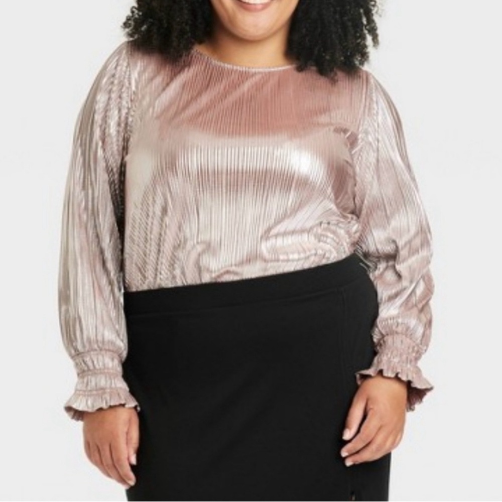 Champagne Silver Shinny Long Sleeve Pullover Top Ava & Viv 4X